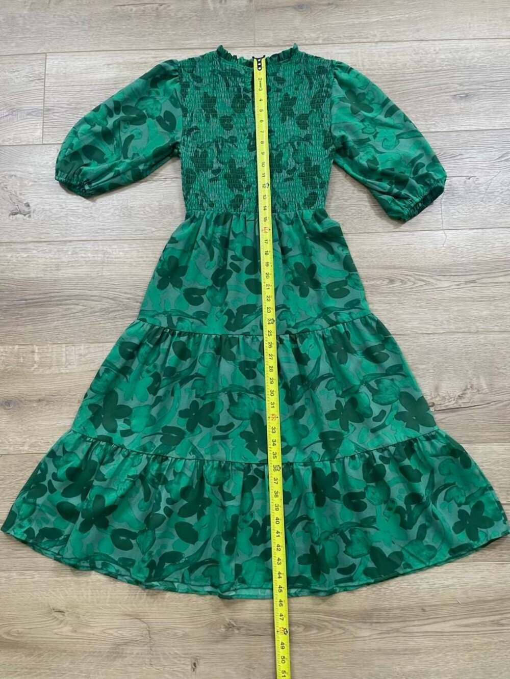 Sugarlips Emerald Green Floral Smocked Tiered Midi Dress Puff Sleeve Small - Picture 11 of 14